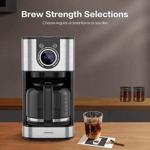 هوموكوس ماكينة تحضير القهوة بسعة 10 اكواب - ماكينة تحضير القهوة بالتنقيط قابلة للبرمجة - ماكينة تحضير القهوة بالتنقيط من الستانلس ستيل مع مؤقت وتحكم في قوة الشراب وشاشة LCD ونظام مضاد للتنقيط in Kuwait
