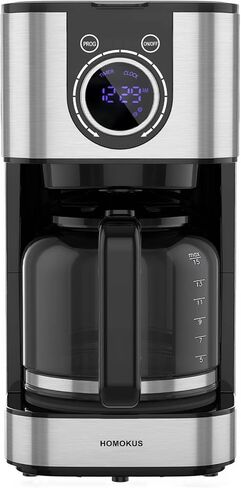 هوموكوس ماكينة تحضير القهوة بسعة 10 اكواب - ماكينة تحضير القهوة بالتنقيط قابلة للبرمجة - ماكينة تحضير القهوة بالتنقيط من الستانلس ستيل مع مؤقت وتحكم في قوة الشراب وشاشة LCD ونظام مضاد للتنقيط in Kuwait