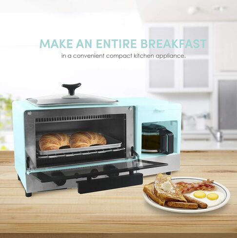 Elite Gourmet Americana شريحتين، صينية مقاس 9.5 بوصة مع غطاء زجاجي، محطة مركزية للإفطار 3 في 1، ماكينة صنع القهوة 4 أكواب، فرن محمصة مع مؤقت لمدة 15 دقيقة، وضع تحديد الحرارة، أزرق in Kuwait
