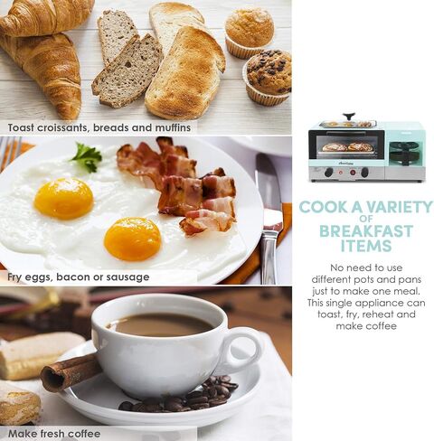 Elite Gourmet Americana شريحتين، صينية مقاس 9.5 بوصة مع غطاء زجاجي، محطة مركزية للإفطار 3 في 1، ماكينة صنع القهوة 4 أكواب، فرن محمصة مع مؤقت لمدة 15 دقيقة، وضع تحديد الحرارة، أزرق in Kuwait
