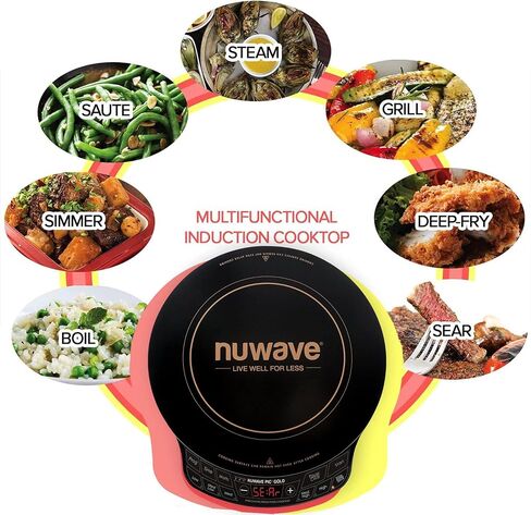Nuwave Gold Precision Induction Cooktop, Portable, Large 8" Heating Coil, 12" Shatter-Proof Ceramic Glass Surface, 3 Wattage Settings 600, 900, and 1500 Watts, 9" Duralon Non-Stick Fry Pan Included in Saudi Arabia