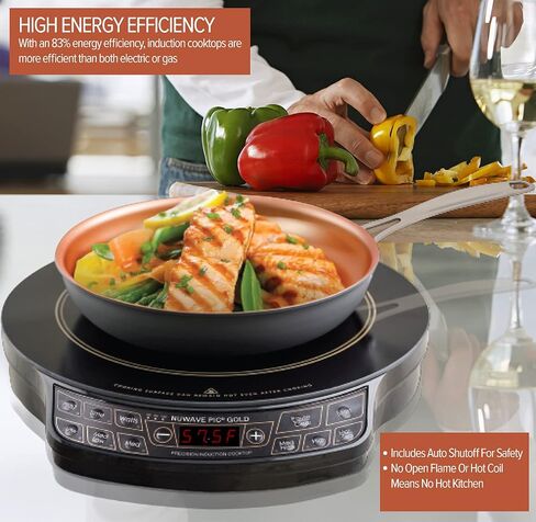 Nuwave Gold Precision Induction Cooktop, Portable, Large 8" Heating Coil, 12" Shatter-Proof Ceramic Glass Surface, 3 Wattage Settings 600, 900, and 1500 Watts, 9" Duralon Non-Stick Fry Pan Included in Saudi Arabia