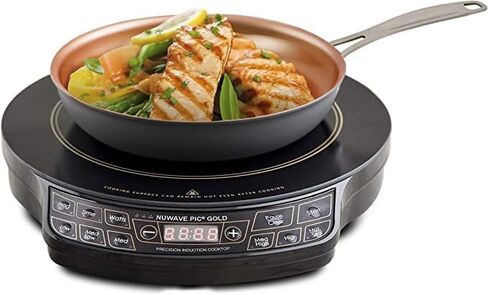 Nuwave Gold Precision Induction Cooktop, Portable, Large 8" Heating Coil, 12" Shatter-Proof Ceramic Glass Surface, 3 Wattage Settings 600, 900, and 1500 Watts, 9" Duralon Non-Stick Fry Pan Included in Saudi Arabia