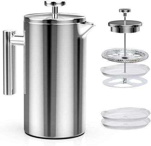 ماكينة صنع القهوة بالضغط الفرنسي من باين، 8 أكواب من الفولاذ المقاوم للصدأ، 34 أونصة، ماكينة صنع شاي القهوة المعزولة بجدار معدني مزدوج مع نظام ترشيح بـ 4 مستويات، خالية من الصدأ، آمنة للاستخدام في غسالة الأطباق in Kuwait