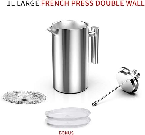 ماكينة صنع القهوة بالضغط الفرنسي من باين، 8 أكواب من الفولاذ المقاوم للصدأ، 34 أونصة، ماكينة صنع شاي القهوة المعزولة بجدار معدني مزدوج مع نظام ترشيح بـ 4 مستويات، خالية من الصدأ، آمنة للاستخدام في غسالة الأطباق in Kuwait