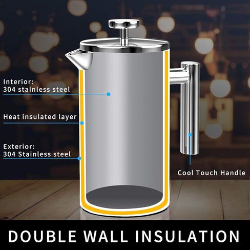 ماكينة صنع القهوة بالضغط الفرنسي من باين، 8 أكواب من الفولاذ المقاوم للصدأ، 34 أونصة، ماكينة صنع شاي القهوة المعزولة بجدار معدني مزدوج مع نظام ترشيح بـ 4 مستويات، خالية من الصدأ، آمنة للاستخدام في غسالة الأطباق in Kuwait