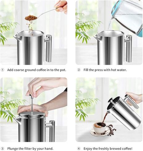 ماكينة صنع القهوة بالضغط الفرنسي من باين، 8 أكواب من الفولاذ المقاوم للصدأ، 34 أونصة، ماكينة صنع شاي القهوة المعزولة بجدار معدني مزدوج مع نظام ترشيح بـ 4 مستويات، خالية من الصدأ، آمنة للاستخدام في غسالة الأطباق in Kuwait