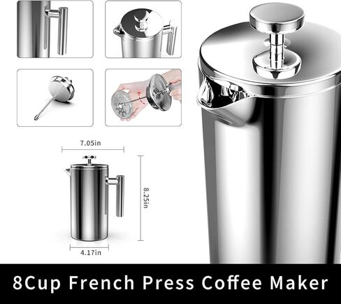 ماكينة صنع القهوة بالضغط الفرنسي من باين، 8 أكواب من الفولاذ المقاوم للصدأ، 34 أونصة، ماكينة صنع شاي القهوة المعزولة بجدار معدني مزدوج مع نظام ترشيح بـ 4 مستويات، خالية من الصدأ، آمنة للاستخدام في غسالة الأطباق in Kuwait