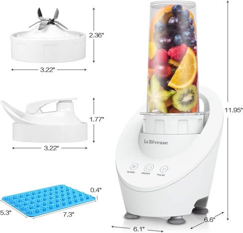 خلاط شخصي من La Reveuse للمخفوقات والعصائر بقدرة 200 وات مع تقنية المحرك المغناطيسي وزجاجة سفر محمولة خالية من مادة BPA سعة 10 أونصة (أبيض) in Kuwait