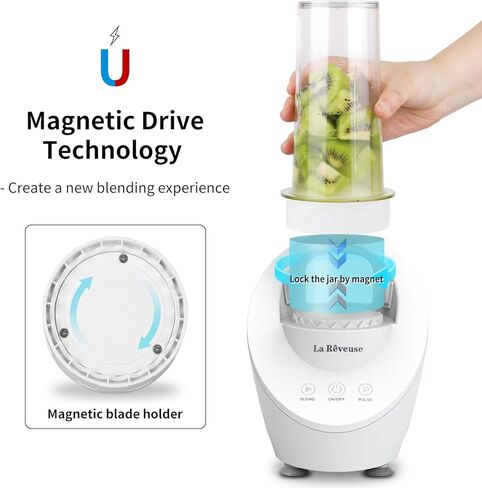 خلاط شخصي من La Reveuse للمخفوقات والعصائر بقدرة 200 وات مع تقنية المحرك المغناطيسي وزجاجة سفر محمولة خالية من مادة BPA سعة 10 أونصة (أبيض) in Kuwait