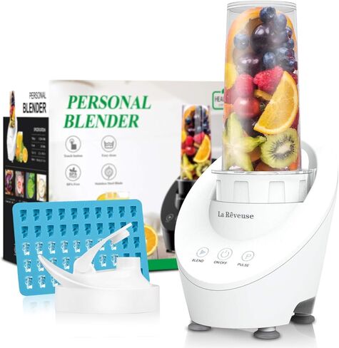 خلاط شخصي من La Reveuse للمخفوقات والعصائر بقدرة 200 وات مع تقنية المحرك المغناطيسي وزجاجة سفر محمولة خالية من مادة BPA سعة 10 أونصة (أبيض) in Kuwait
