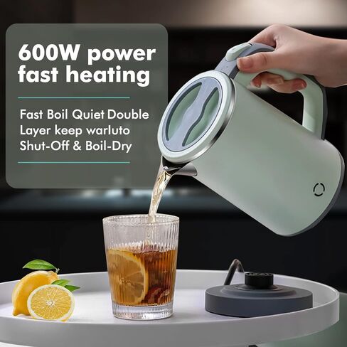Mini Electric Kettle, 0.8L Portable Travel Tea Kettle Stainless Steel Double Layer Hot Water Cordless BPA-Free, 600 W Boil-Dry Protection Boiler and Heater Brand: NARBOR, green in Saudi Arabia