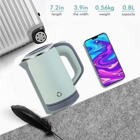 Mini Electric Kettle, 0.8L Portable Travel Tea Kettle Stainless Steel Double Layer Hot Water Cordless BPA-Free, 600 W Boil-Dry Protection Boiler and Heater Brand: NARBOR, green in Saudi Arabia