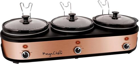 طباخ بطيء Megachef Triple سعة 2.5 لتر وخادم بوفيه باللون النحاسي المصقول والأسود مع 3 أواني طهي سيراميك ومساند غطاء قابلة للإزالة in Kuwait