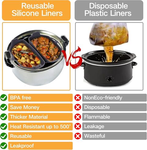 بطانات مقسمة للطباخ البطيء من السيليكون متوافقة مع كروكبوت وهاملتون بيتش 6QT طباخ بطيء، مادة صالحة للطعام، سهلة التنظيف، قابلة لإعادة الاستخدام، بطانة ملحقات الطباخ البطيء لمعظم الطباخ البطيء البيضاوي 6 كيو تي in Kuwait