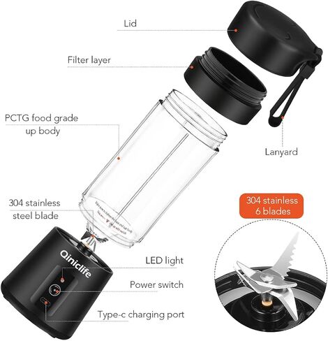Portable Blender,Travel Blender,Mini Blender,Personal Mixer Fruit Rechargeable with USB,380ml,Fruit Juice for Great Mixing(Black) in Saudi Arabia