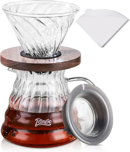 Bincoo Pour Over Coffee Maker Set with Dripper Size 02,600ml Glass Coffee Server Set,V60 Glass Coffee Dripper with Wood Stand Filter Paper for Home Office Gift(Grey) in Saudi Arabia