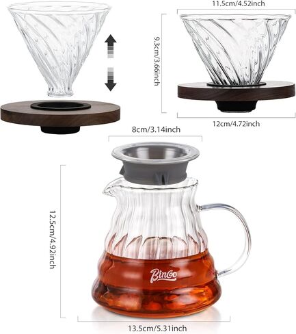 Bincoo Pour Over Coffee Maker Set with Dripper Size 02,600ml Glass Coffee Server Set,V60 Glass Coffee Dripper with Wood Stand Filter Paper for Home Office Gift(Grey) in Saudi Arabia