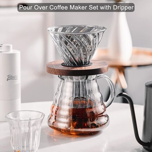 Bincoo Pour Over Coffee Maker Set with Dripper Size 02,600ml Glass Coffee Server Set,V60 Glass Coffee Dripper with Wood Stand Filter Paper for Home Office Gift(Grey) in Saudi Arabia