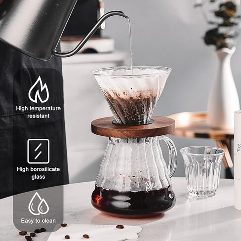 Bincoo Pour Over Coffee Maker Set with Dripper Size 02,600ml Glass Coffee Server Set,V60 Glass Coffee Dripper with Wood Stand Filter Paper for Home Office Gift(Grey) in Saudi Arabia