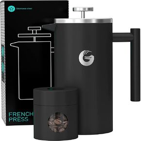 Coffee Gator French Press Coffee Maker - Thermal Insulated Brewer Plus Travel Jar - Large Capacity, Double Wall Stainless Steel - 34oz - Gray
