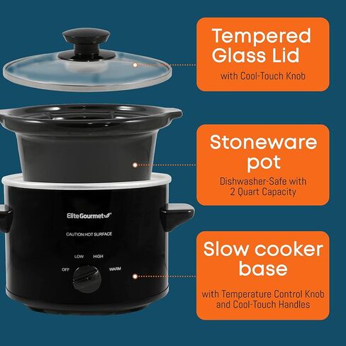 طباخ كهربائي بيضاوي بطيء من Elite Gourmet MST-350B، درجة حرارة قابلة للتعديل، مقبلات، صلصات، يخنة وغمس، غطاء زجاجي آمن للاستخدام في غسالة الأطباق ووعاء (3 كوارت، أسود) in Kuwait
