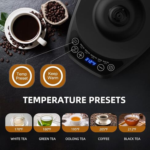 Gooseneck Electric Kettle with Temperature Control, 27oz/0.8L Fast Heat Electric Kettle for Pour Over Coffee/Tea, Auto Shut Off & Boil-Dry Protection, 4hrs Keep Warm, Stainless Steel Inner,Matte Black in Saudi Arabia