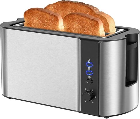 Toaster 4 Slice, 10'' Long Slot Toaster 2 Slice, Extra-Wide Stainless Steel Toasters, 4 Slice Toaster, Warming Rack & 6 Shade Settings, Defrost/Reheat/Cancel, Toaster for Croissants Bread(Silver) in Saudi Arabia