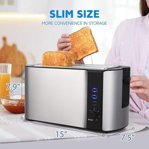 Toaster 4 Slice, 10'' Long Slot Toaster 2 Slice, Extra-Wide Stainless Steel Toasters, 4 Slice Toaster, Warming Rack & 6 Shade Settings, Defrost/Reheat/Cancel, Toaster for Croissants Bread(Silver) in Saudi Arabia