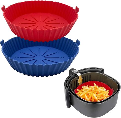 2 Pack Reusable Silicone Air Fryer Baskets Heat-Resistant and Simple to Clean. Round Silicone Pot for Air Fryer Oven Accessories, (Blue + Red) in Saudi Arabia