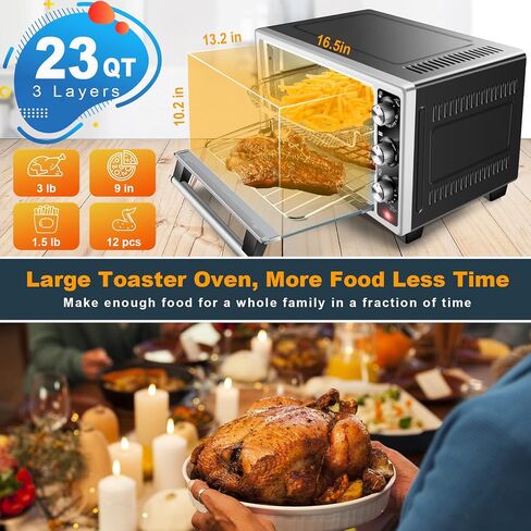 Air Fryer Oven, Homuz 7 In 1 Air Fryer Oilless Countertop Toaster Oven, 1500W 23QT Large Capacity Airfryer Toaster Oven with Timer and 4 Accessories, Fits for 9" Pizza, Stainless Steel, ETL Certified in Saudi Arabia