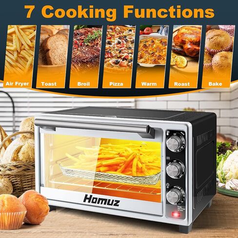 Air Fryer Oven, Homuz 7 In 1 Air Fryer Oilless Countertop Toaster Oven, 1500W 23QT Large Capacity Airfryer Toaster Oven with Timer and 4 Accessories, Fits for 9" Pizza, Stainless Steel, ETL Certified in Saudi Arabia