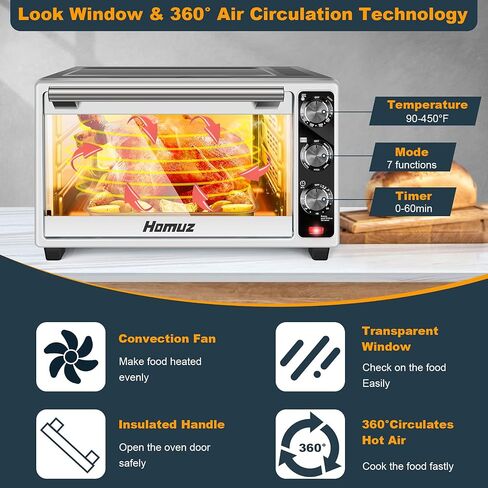Air Fryer Oven, Homuz 7 In 1 Air Fryer Oilless Countertop Toaster Oven, 1500W 23QT Large Capacity Airfryer Toaster Oven with Timer and 4 Accessories, Fits for 9" Pizza, Stainless Steel, ETL Certified in Saudi Arabia