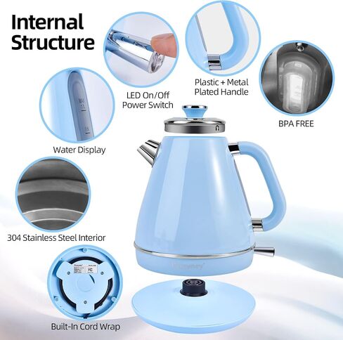 Electric Kettle,Tea kettle,1.7 Litre retro style kettle,Kitchen Countertop Coffee Tea Hot Water Kettle,Double Wall 304 Stainless Steel BPA Free Hot Water Boiler,Auto Shut-Off and Boil-Dry in Kuwait
