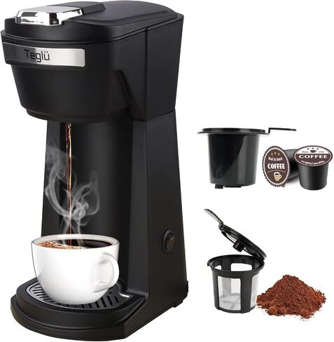 2 in 1 Single Serve Coffee Maker for K Cup Pods & Ground Coffee, Mini K Cup Coffee Machine with 6 to 14 oz Brew Sizes, Single Cup Coffee Brewer with One-Press Fast Brewing, Reusable Filters, Black in Saudi Arabia