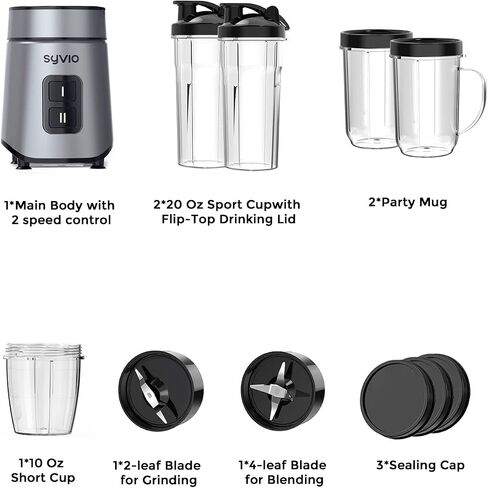 خلاط Syvio Bullet Blender للمخفوقات والعصائر، خلاط شخصي بقدرة 600 واط، خلاط عصير مع كوبين رياضيين خاليين من مادة BPA بسعة 20 أونصة، كوبين للحفلات، كوب قصير 1 * 10 أونصة، سهل التنظيف in Saudi Arabia