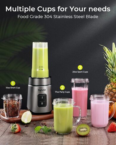 خلاط Syvio Bullet Blender للمخفوقات والعصائر، خلاط شخصي بقدرة 600 واط، خلاط عصير مع كوبين رياضيين خاليين من مادة BPA بسعة 20 أونصة، كوبين للحفلات، كوب قصير 1 * 10 أونصة، سهل التنظيف in Saudi Arabia