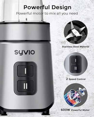 خلاط Syvio Bullet Blender للمخفوقات والعصائر، خلاط شخصي بقدرة 600 واط، خلاط عصير مع كوبين رياضيين خاليين من مادة BPA بسعة 20 أونصة، كوبين للحفلات، كوب قصير 1 * 10 أونصة، سهل التنظيف in Saudi Arabia