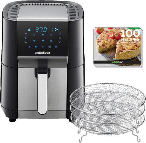 GoWISE USA 7-Quart Air Fryer & Dehydrator - with Ergonomic Touchscreen Display with Stackable Dehydrating Racks with Preheat & Broil Functions + 100 Recipes (Black/Stainless Steel) in Kuwait