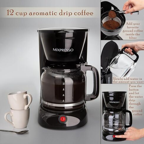 Mixpresso 12 Cup Drip Coffee Maker, Coffee Pot with Reusable Filter, Black | Glass Carafe Coffee Machine with Auto-Off, Anti-Drip, Water Window and Easy On/Off Switch for Convenient Everyday Brewing in Kuwait