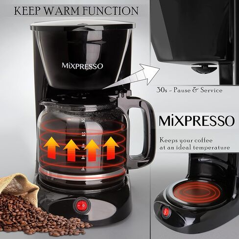 Mixpresso 12 Cup Drip Coffee Maker, Coffee Pot with Reusable Filter, Black | Glass Carafe Coffee Machine with Auto-Off, Anti-Drip, Water Window and Easy On/Off Switch for Convenient Everyday Brewing in Kuwait