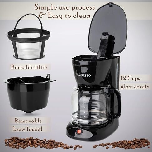 Mixpresso 12 Cup Drip Coffee Maker, Coffee Pot with Reusable Filter, Black | Glass Carafe Coffee Machine with Auto-Off, Anti-Drip, Water Window and Easy On/Off Switch for Convenient Everyday Brewing in Kuwait
