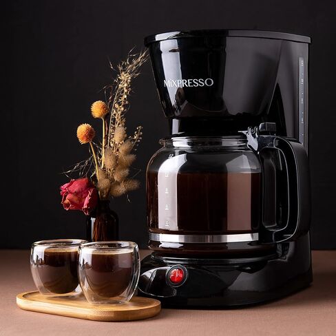 Mixpresso 12 Cup Drip Coffee Maker, Coffee Pot with Reusable Filter, Black | Glass Carafe Coffee Machine with Auto-Off, Anti-Drip, Water Window and Easy On/Off Switch for Convenient Everyday Brewing in Kuwait