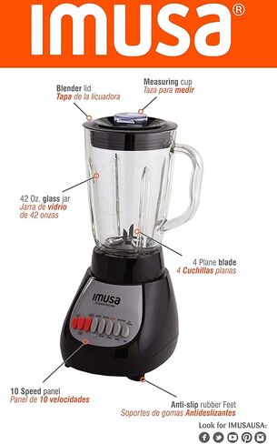 خلاط IMUSA USA GAU-80313B أسود 10 سرعات مع وعاء زجاجي 4، 42 أونصة in Saudi Arabia