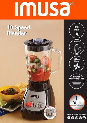 خلاط IMUSA USA GAU-80313B أسود 10 سرعات مع وعاء زجاجي 4، 42 أونصة in Saudi Arabia