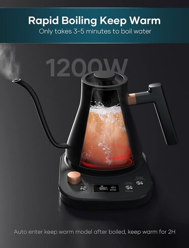 INTASTING Gooseneck Electric Kettle, 0.9L Pour Over Kettle with Precise 1℉ Temperature Control, Stainless Steel Inner, 1200W Quick Heating, for Coffee Master, Matte Black in Kuwait