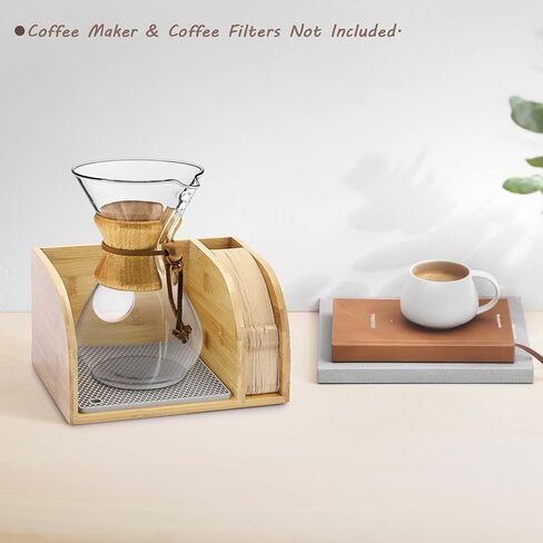 ELLDOO Bamboo Coffee Organizer Stand, Compatible with Chemex Coffee Makers, Holds Coffee Maker and Coffee Paper Filters, Fits Collar and Handle Carafes, with Grey Silicone Dripper Mat in Saudi Arabia