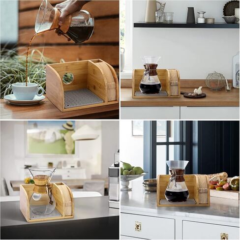ELLDOO Bamboo Coffee Organizer Stand, Compatible with Chemex Coffee Makers, Holds Coffee Maker and Coffee Paper Filters, Fits Collar and Handle Carafes, with Grey Silicone Dripper Mat in Saudi Arabia