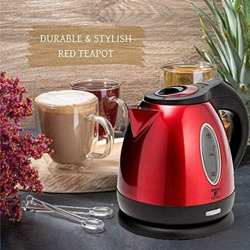 Moss & Stone Red Stainless Steel Electric Kettle, 1.2L Cordless 1500W | Small, portable hot water tea kettle, fast boiling pot, boil-dry protection, auto shut-off, blue Illuminate LED light in Kuwait