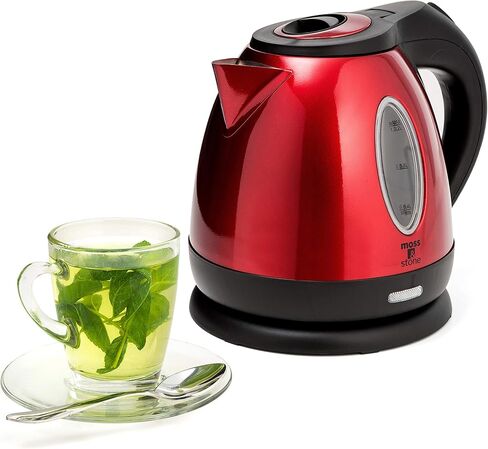 Moss & Stone Red Stainless Steel Electric Kettle, 1.2L Cordless 1500W | Small, portable hot water tea kettle, fast boiling pot, boil-dry protection, auto shut-off, blue Illuminate LED light in Kuwait